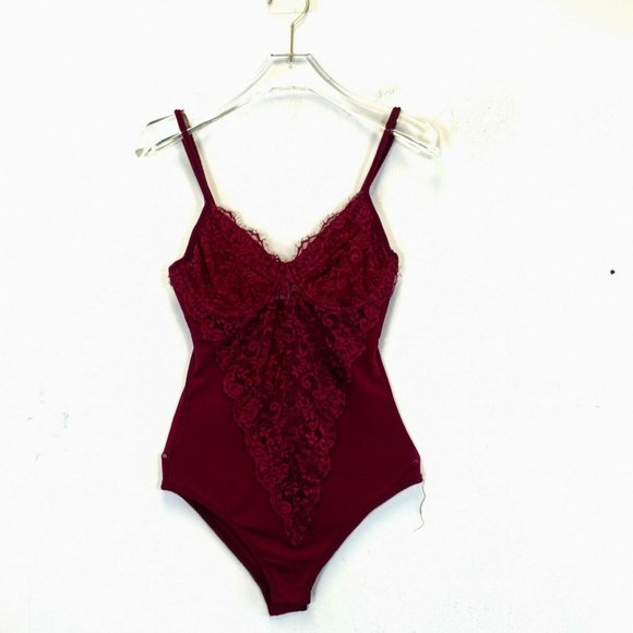 POLLY Women's Red Wine One Piece Bodysuit 4 SMALL Floral Strap Bustier Sheer - Picture 1 of 12